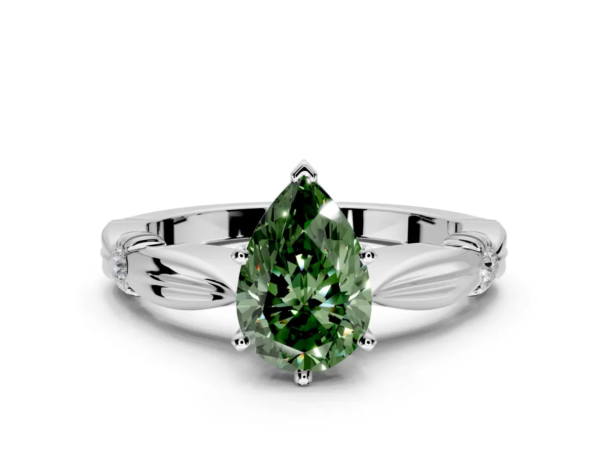 Solitaire Engagement Ring Setting for Fancy Green Pear-Shaped Center with Carved Leaf Shoulders and Prong Head in Sterling Silver