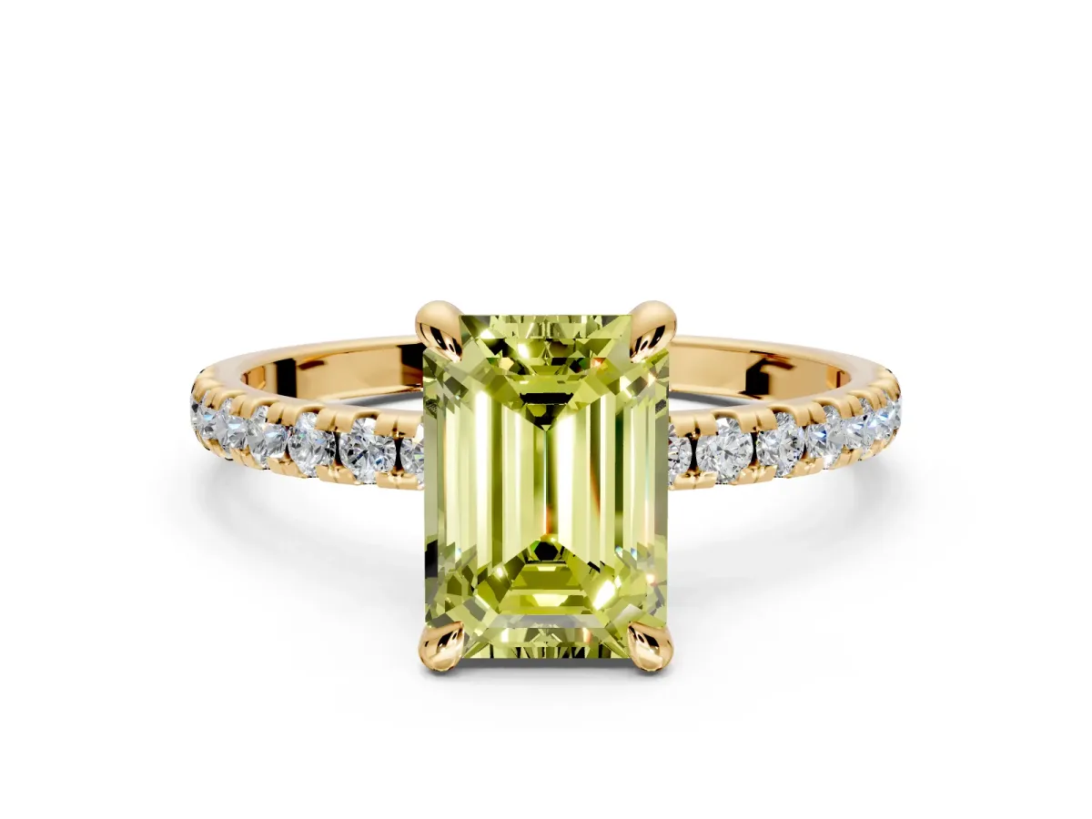 Solitaire Engagement Ring Setting for Fancy Yellow Emerald Cut Center with Fine Pave Narrow Band and Prong Head in Yellow Gold