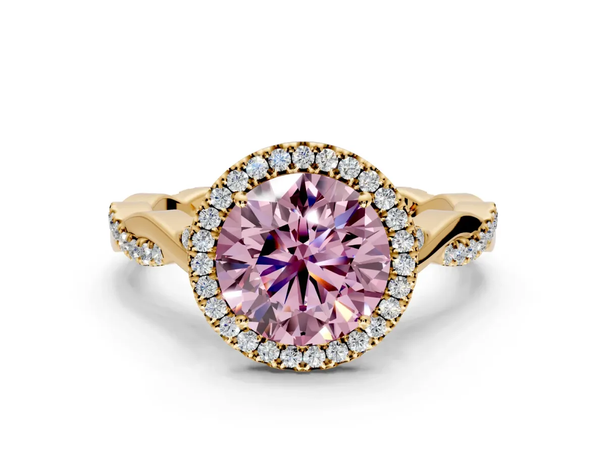 Halo Engagement Ring Setting for Fancy Pink Round Cut Center with Twist Band and Prong Head in Yellow Gold