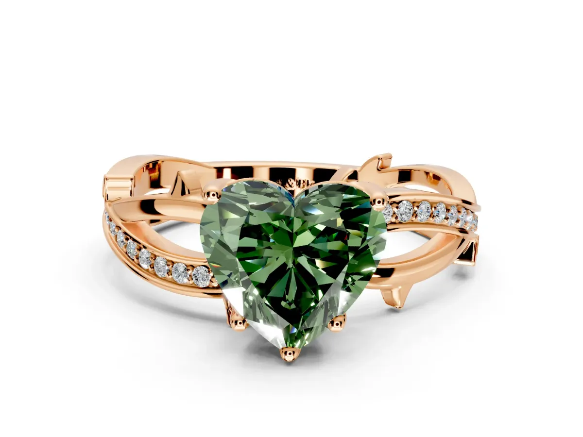 Solitaire Engagement Ring Setting for Fancy Green Heart-Shaped Center with Pave and Plain Crossover Band and Prong Head in Rose Gold