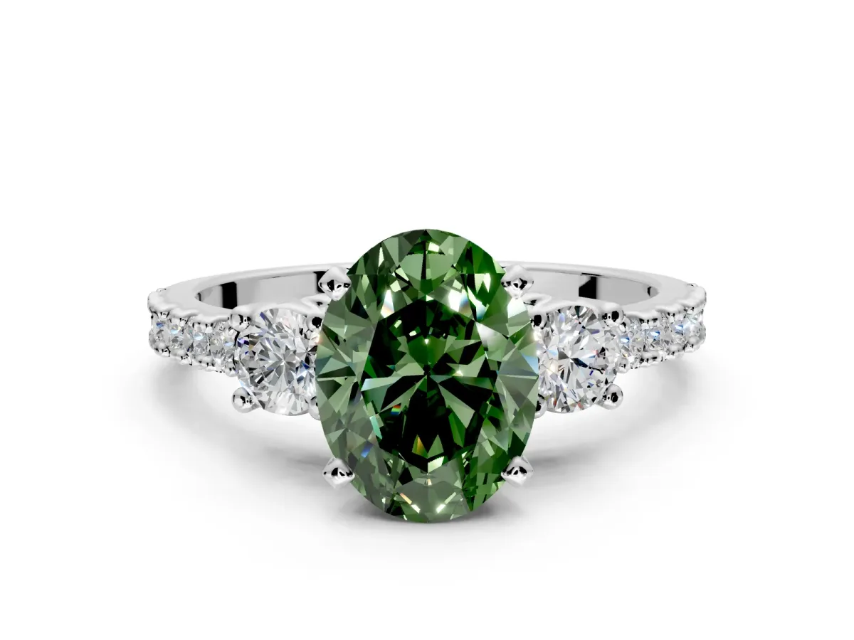 3 Stone Engagement Ring Setting for Fancy Green Oval Center with Round Cut Side Accents and Prong Head in Platinum