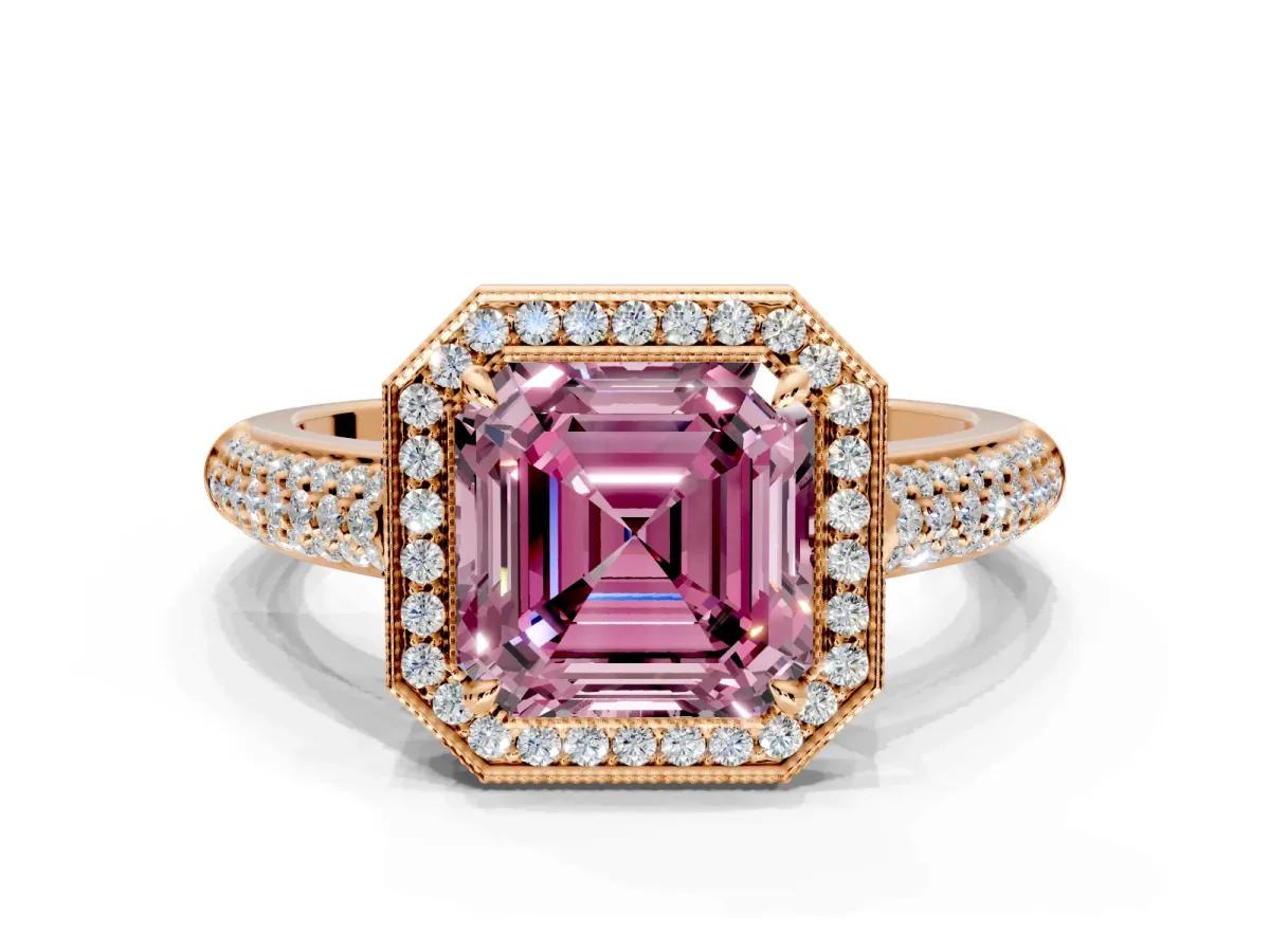 Milgrain Halo Engagement Ring Setting for Fancy Pink Asscher Cut Center with Three-Sided Pave Band and Prong Head in Rose Gold