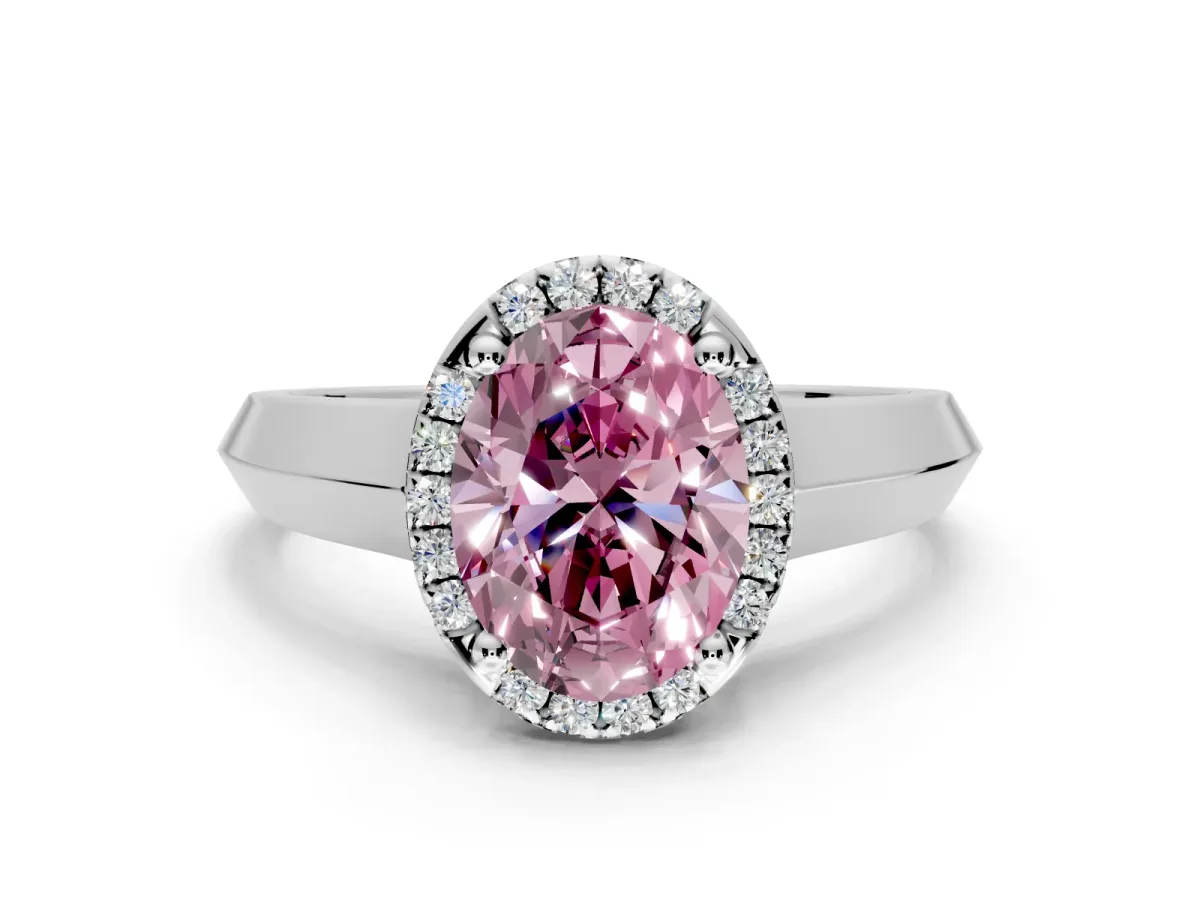 Halo Engagement Ring Setting for Fancy Pink Oval Center with Knife Ridge Cathedral Band and Prong Head in Sterling Silver