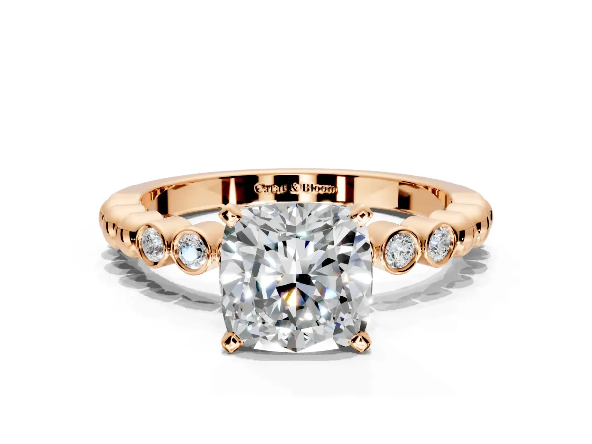 Solitaire Engagement Ring Setting for Cushion Cut Center with Bezel-Dot Beaded Band and Prong Head in Rose Gold