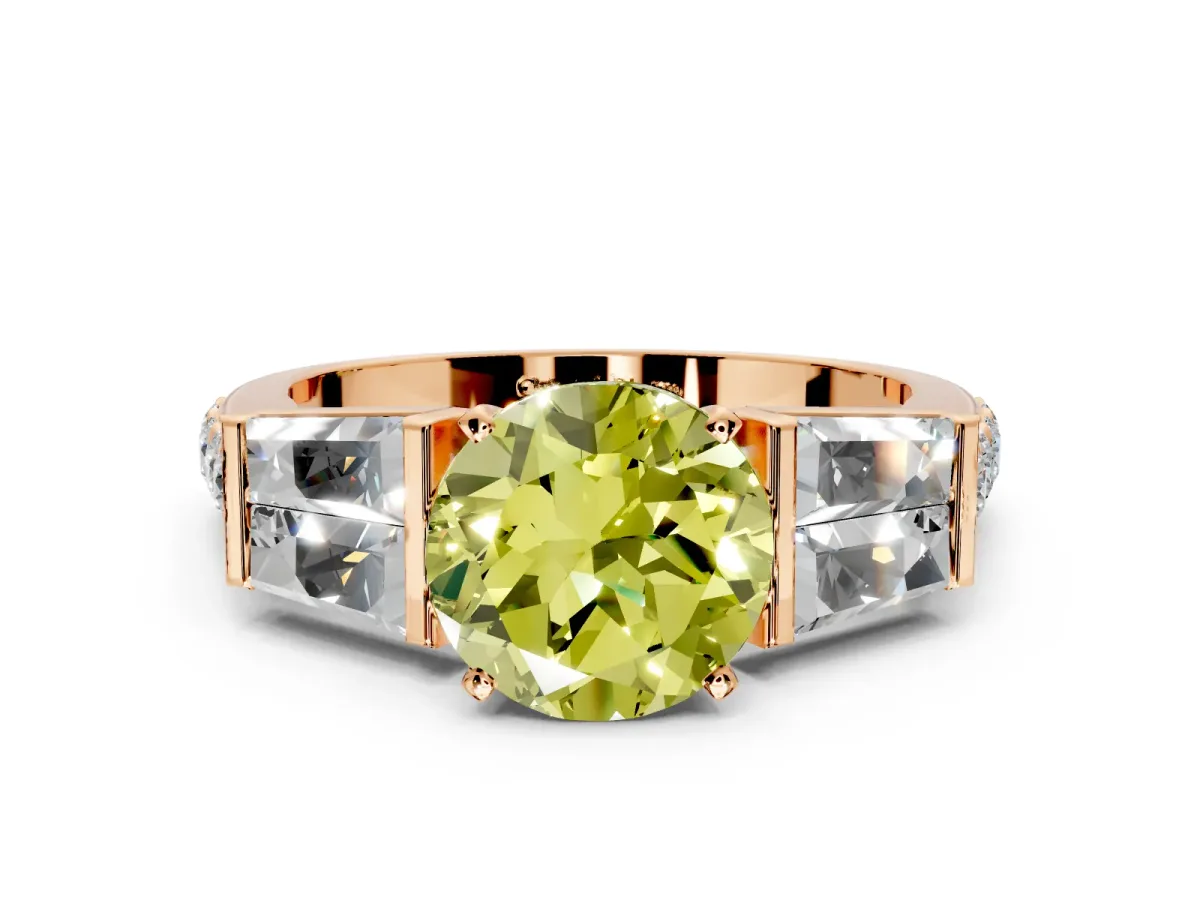 Channel-Set Engagement Ring Setting for Fancy Yellow Round Cut Center with Baguette Band and Prong Head in Rose Gold
