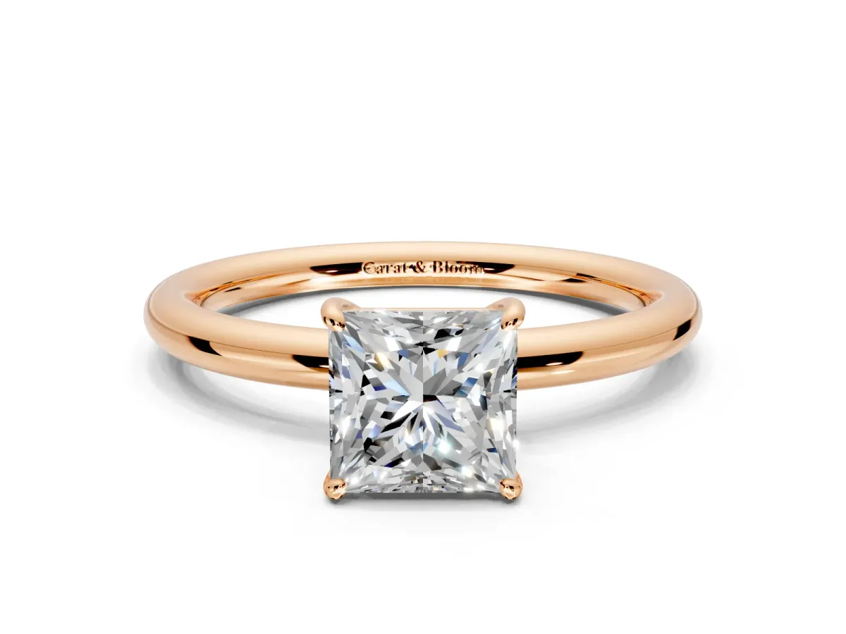 Low-Set Solitaire Engagement Ring Setting for Princess Cut Center with Thin Plain Band and Prong Head in Rose Gold