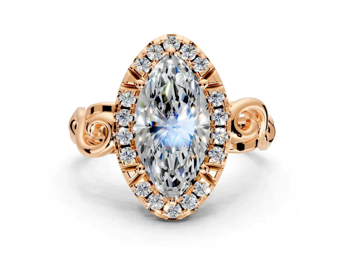 Halo Engagement Ring Setting for Marquise Center with Open Scroll Shoulders and Prong Head in Rose Gold