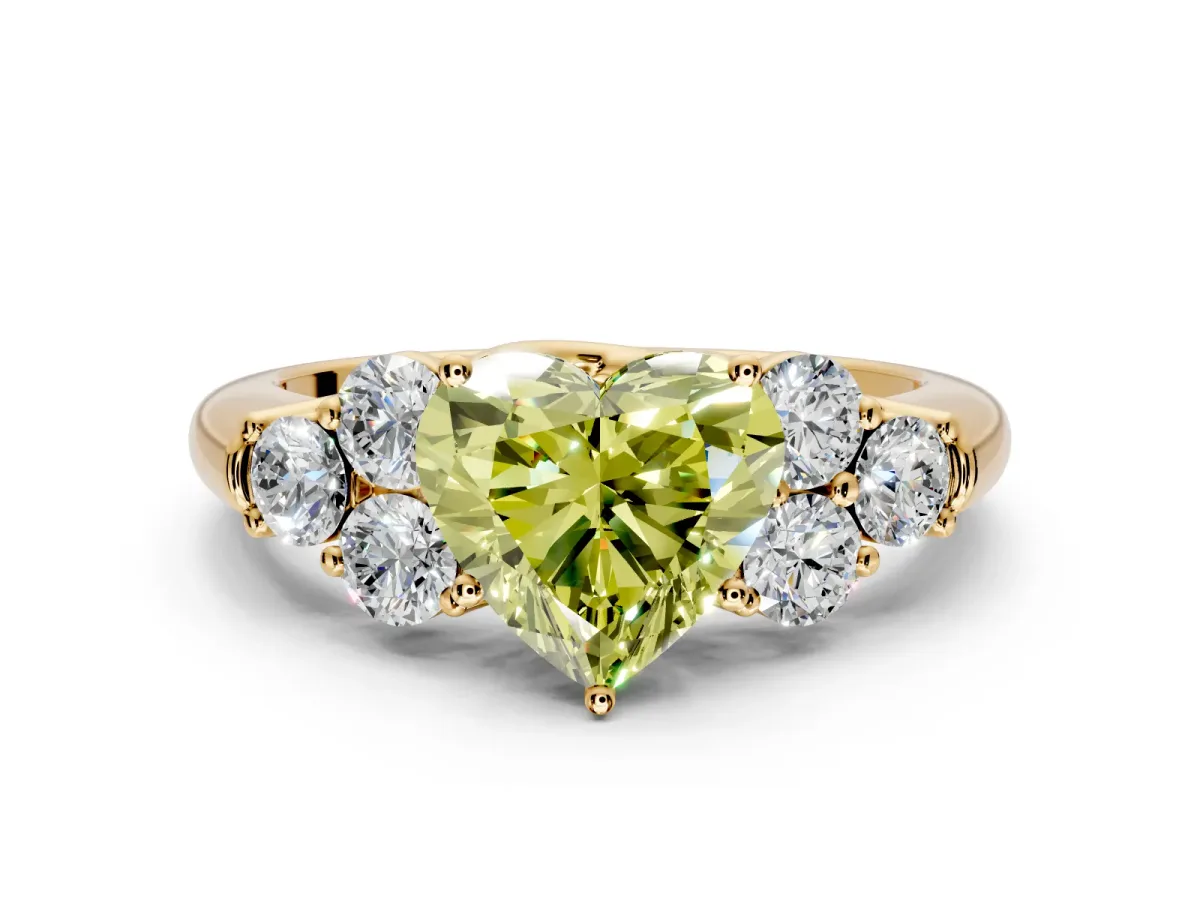 Cluster Engagement Ring Setting for Fancy Yellow Heart-Shaped Center with Round Cut Accent Frame and Prong Head in Yellow Gold