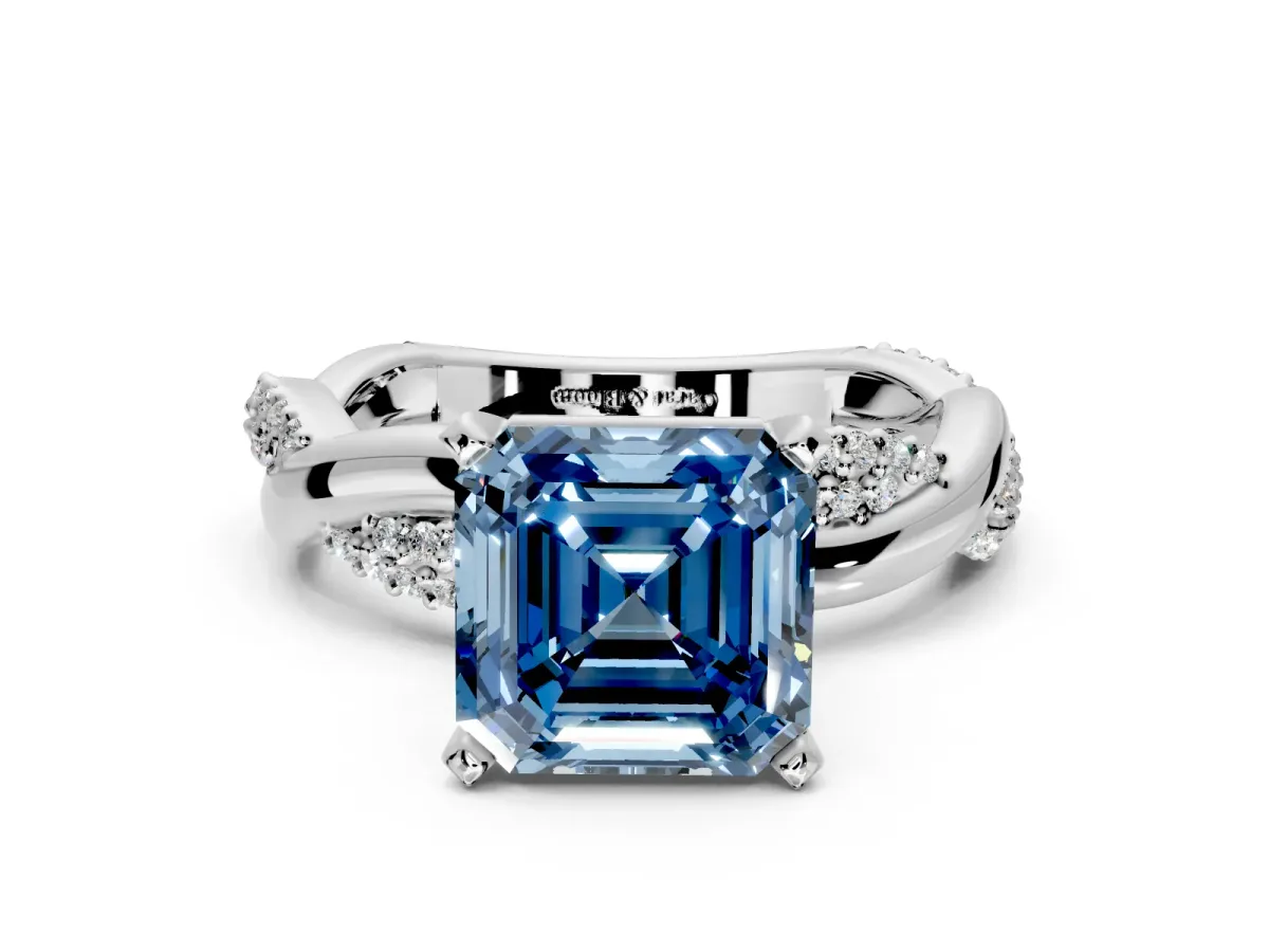 Solitaire Engagement Ring Setting for Fancy Blue Asscher Cut Center with Pave and Plain Crossover and Basket Head in Platinum