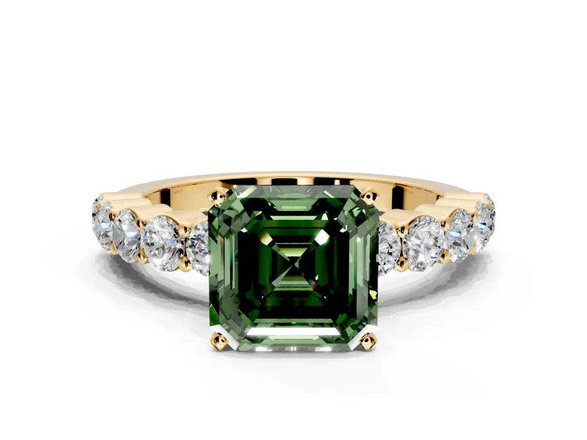 Shared-Prong Engagement Ring Setting for Fancy Green Asscher Cut Center with Graduated Accents and Prong Head in Yellow Gold