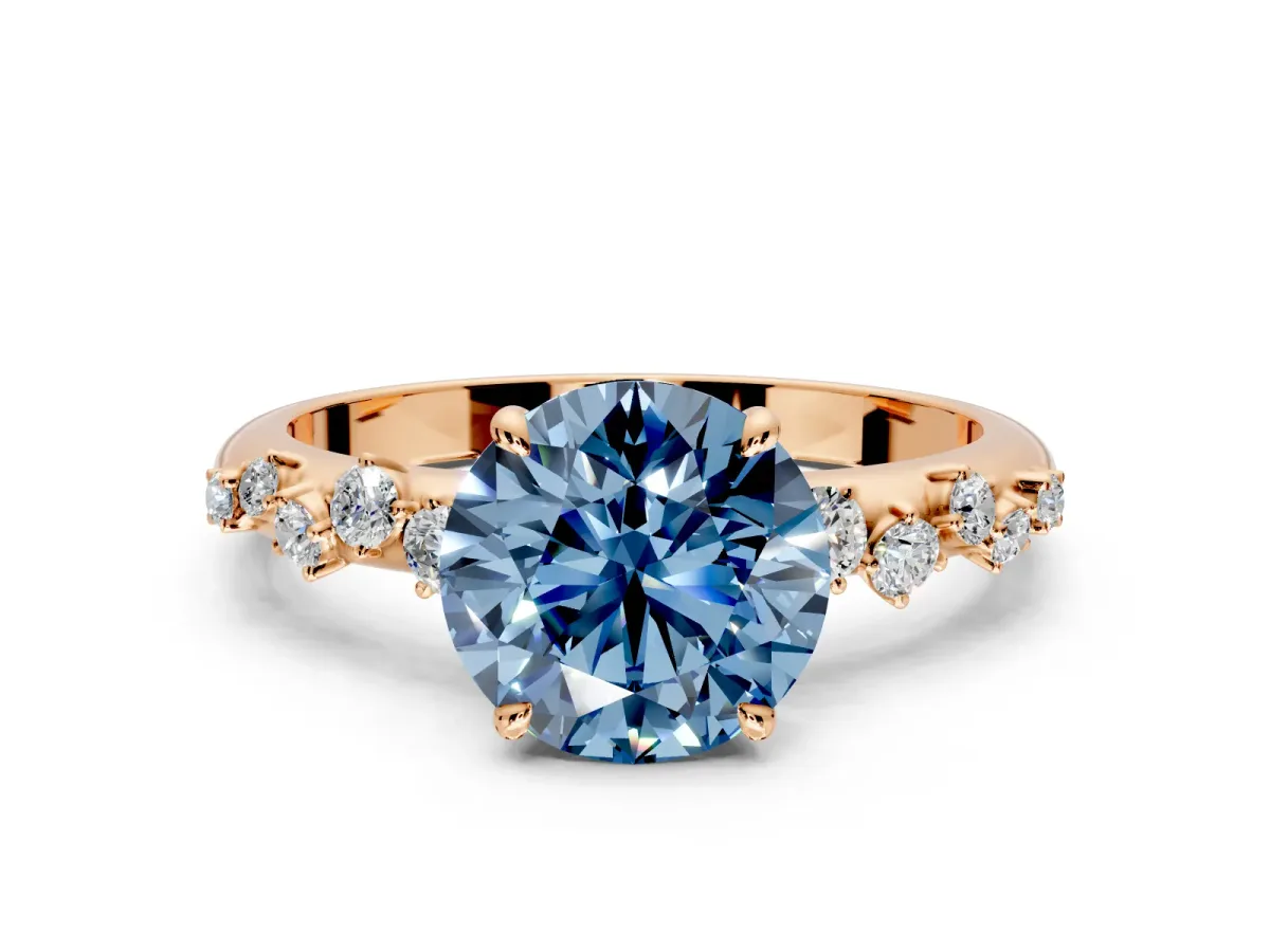Cluster Engagement Ring Setting for Fancy Blue Round Cut Center with Round Cut Accent Band and Prong Head in Rose Gold