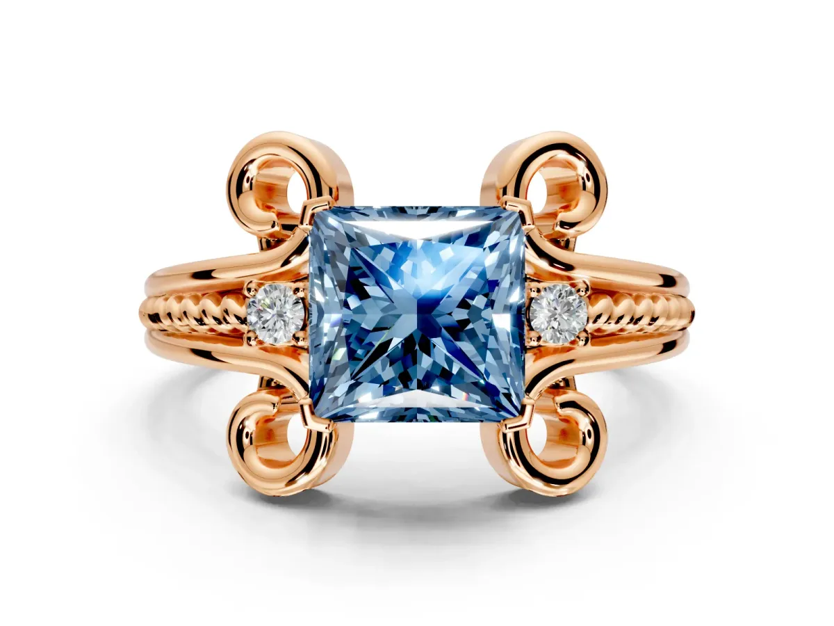 Solitaire Engagement Ring Setting for Fancy Blue Princess Cut Center with Twisted Band and Scroll Prong Head in Rose Gold
