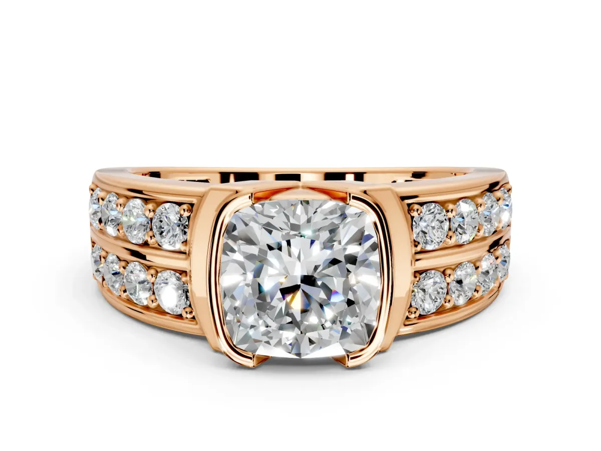 Bezel Engagement Ring Setting for Cushion Cut Center with Wide Channel-Set Band and Bezel Head in Rose Gold