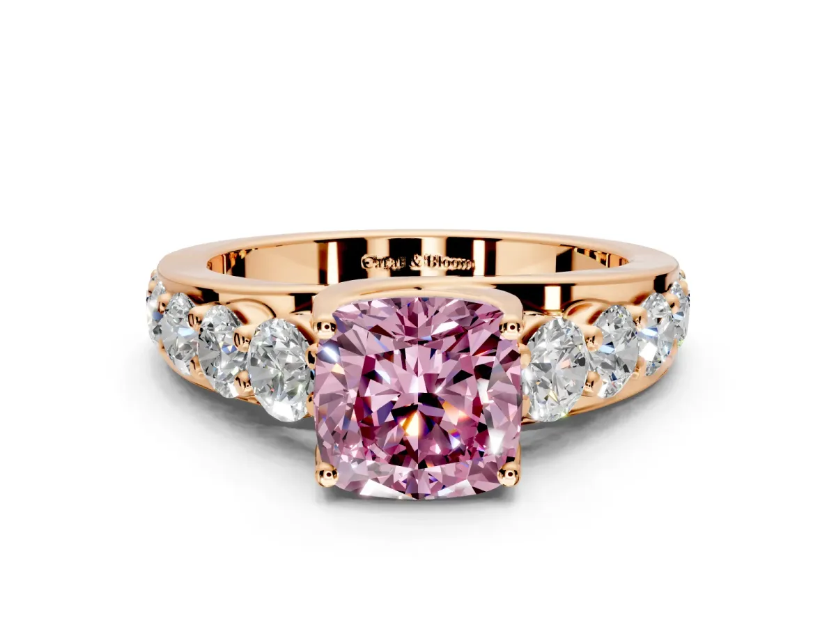 Solitaire Engagement Ring Setting for Fancy Pink Cushion Cut Center with Graduated Shared Prongs and Prong Head in Rose Gold