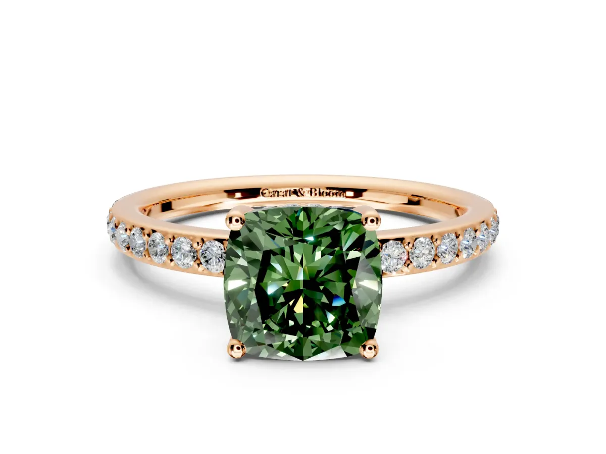 Solitaire Engagement Ring Setting for Fancy Green Cushion Cut Center with Fine Pave Band and Prong Head in Rose Gold