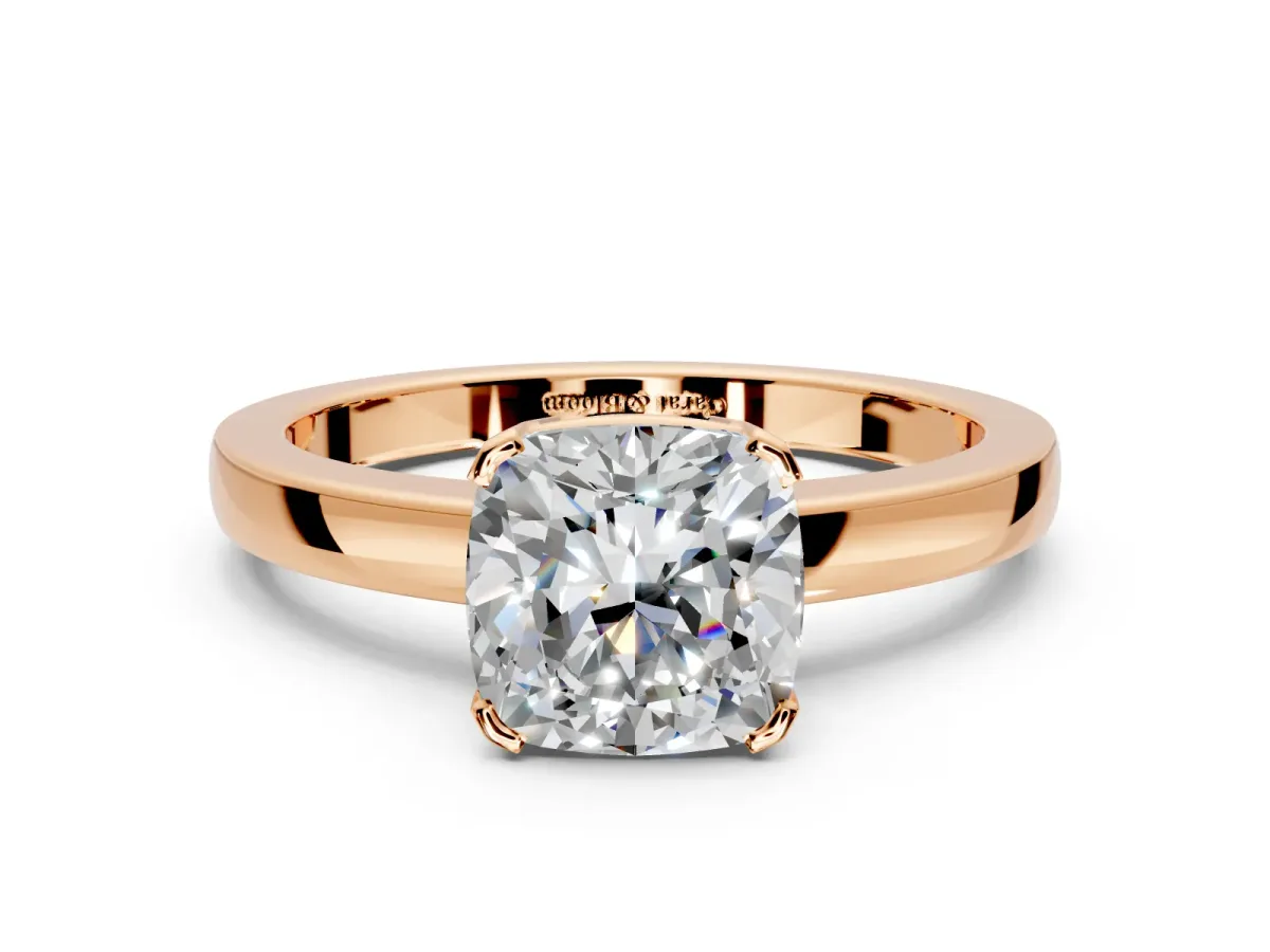 Solitaire Engagement Ring Setting for Cushion Cut Center with Plain Band and Flat Tab Prong Head in Rose Gold