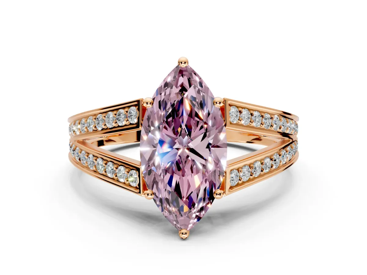Split Shank Engagement Ring Setting for Fancy Pink Marquise Center with Pave Split Shank and Prong Head in Rose Gold