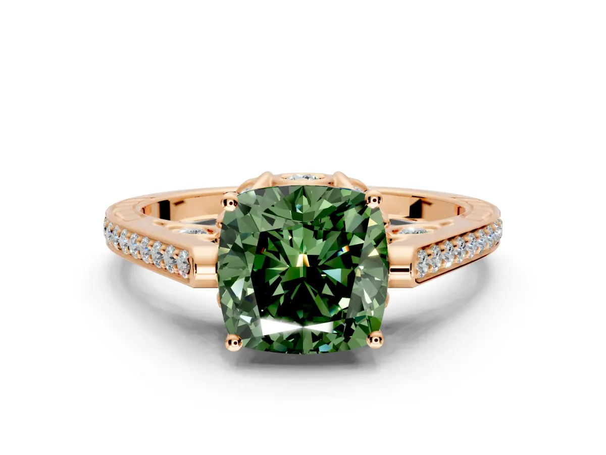 Cathedral Engagement Ring Setting for Fancy Green Cushion Cut Center with Antique-Style Pave Band and Prong Head in Rose Gold