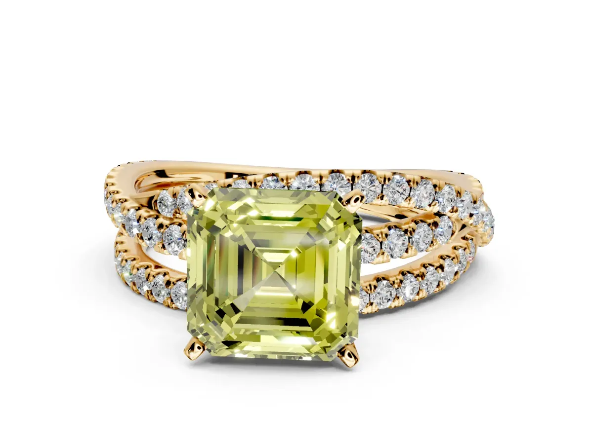 Solitaire Engagement Ring Setting for Fancy Yellow Asscher Cut Center with Woven 3-Strand Pave Band and Prong Head in Yellow Gold
