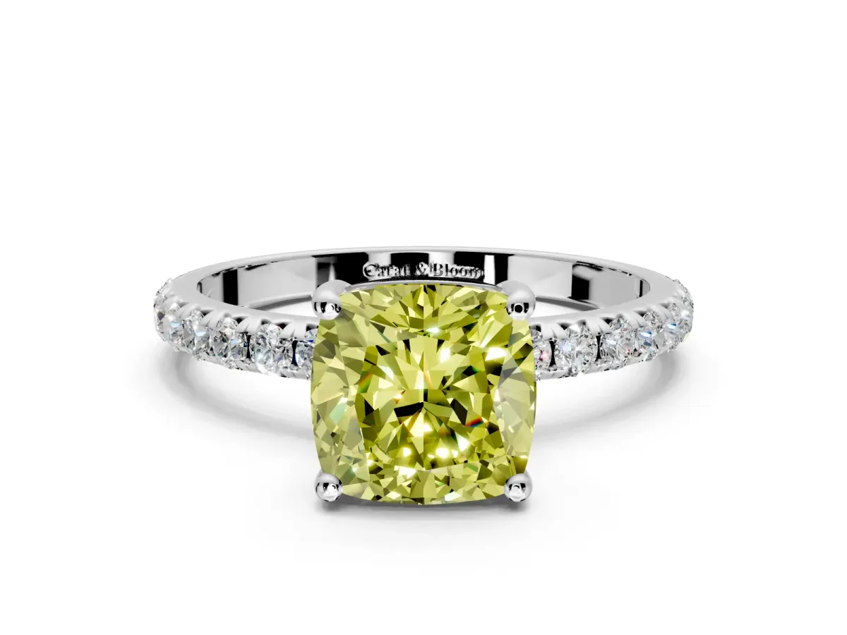Solitaire Engagement Ring Setting for Fancy Yellow Cushion Cut Center with Micro Pave Band and Prong Head in White Gold