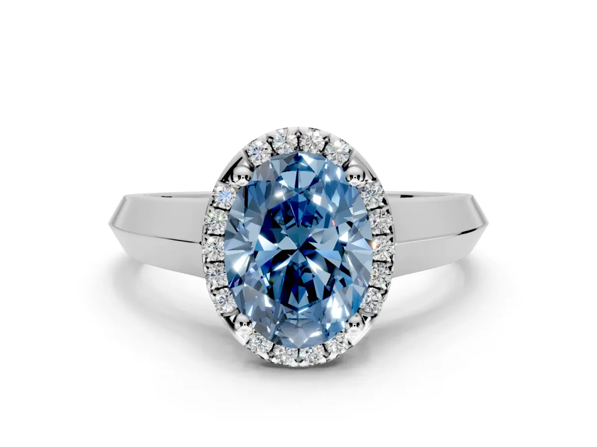 Halo Engagement Ring Setting for Fancy Blue Oval Center with Knife Ridge Cathedral Band and Prong Head in White Gold