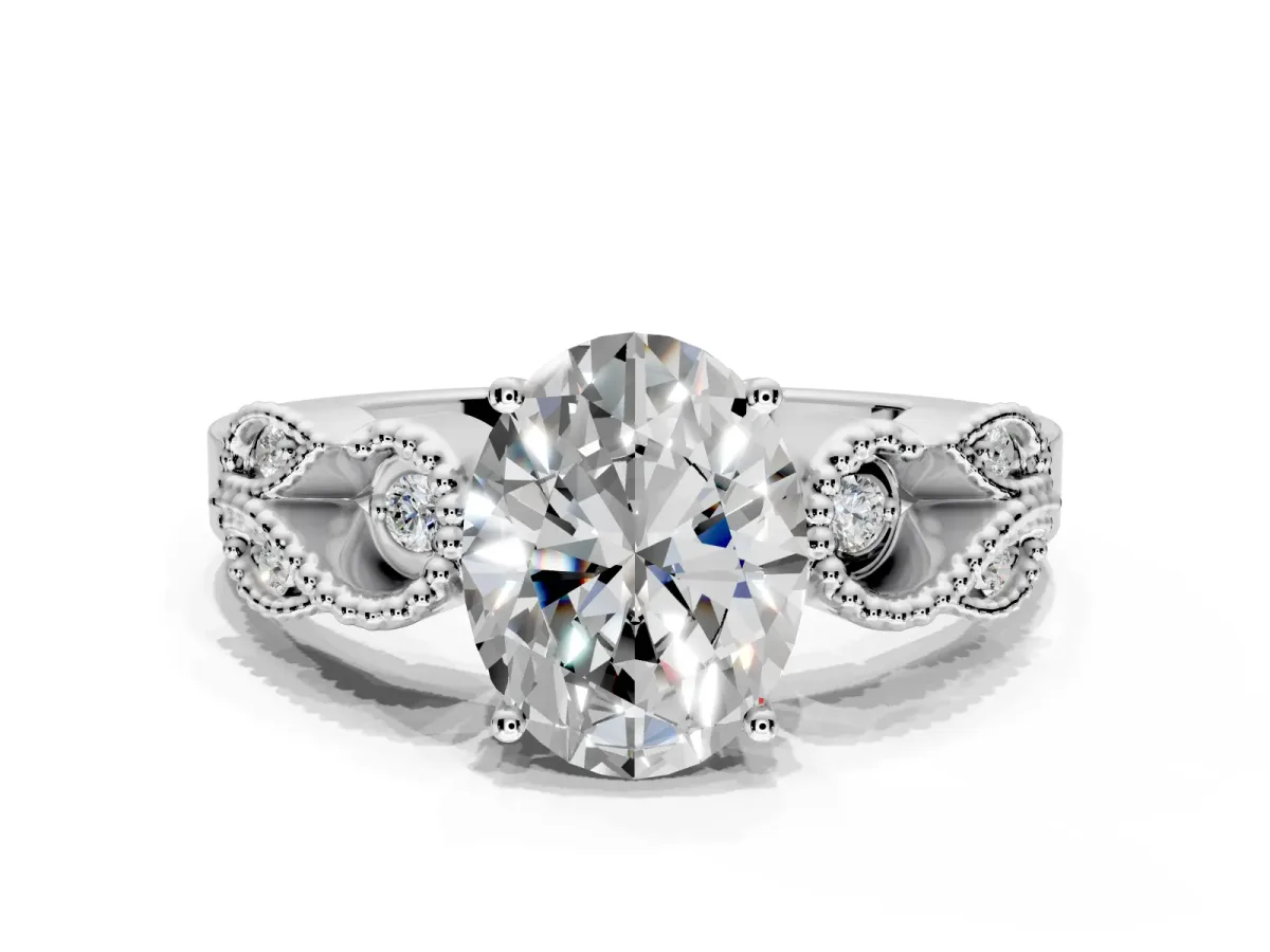 Leaf Engagement Ring Setting for Oval Center with Milgrain Accent Band and Prong Head in Sterling Silver