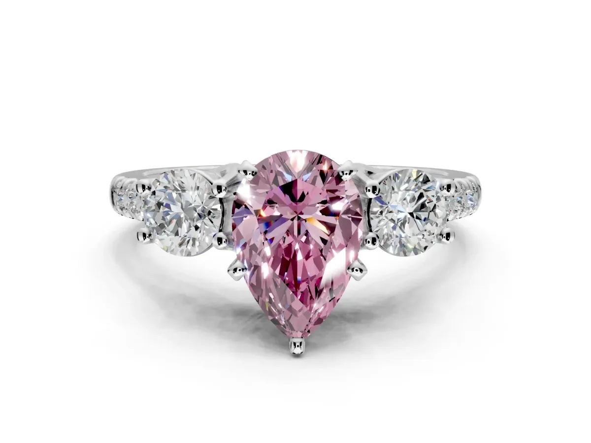3 Stone Engagement Ring Setting for Fancy Pink Pear-Shaped Center with Crossover Basket, Pave Band and Prong Head in Sterling Silver