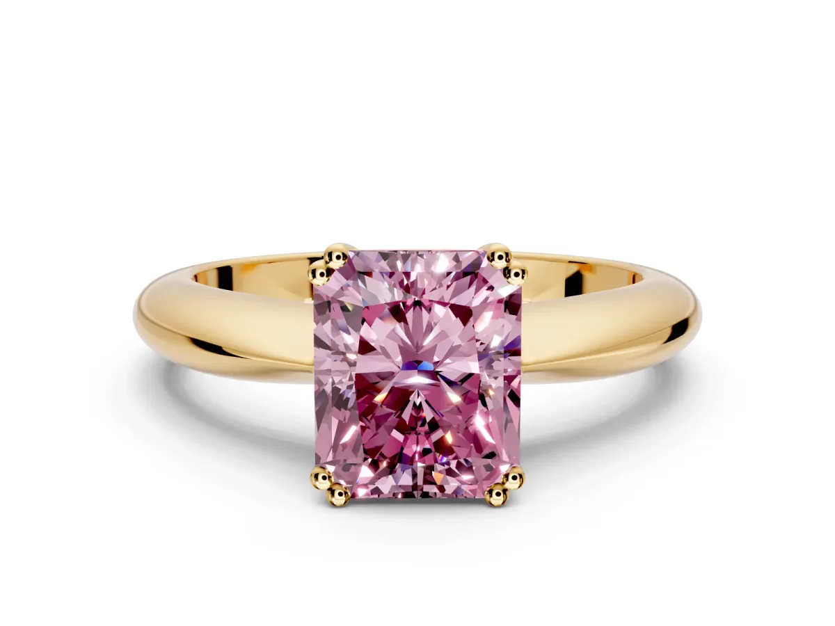 Solitaire Engagement Ring Setting for Fancy Pink Radiant Cut Center with Reverse Tapered Band and Prong Head in Yellow Gold