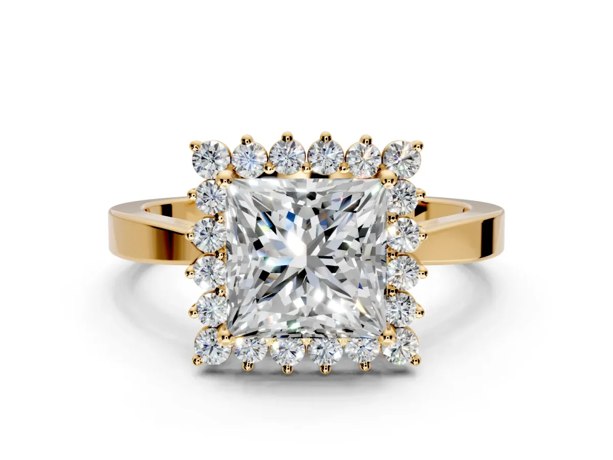 Starburst Halo Engagement Ring Setting for Princess Cut Center with Flat Cathedral Band and Prong Head in Yellow Gold