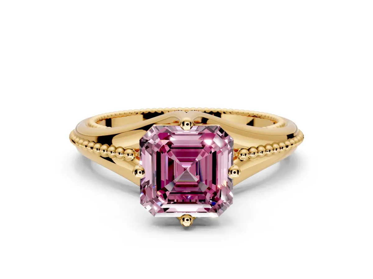 Solitaire Engagement Ring Setting for Fancy Pink Asscher Cut Center with Milgrain Cathedral Band and Prong Head in Yellow Gold