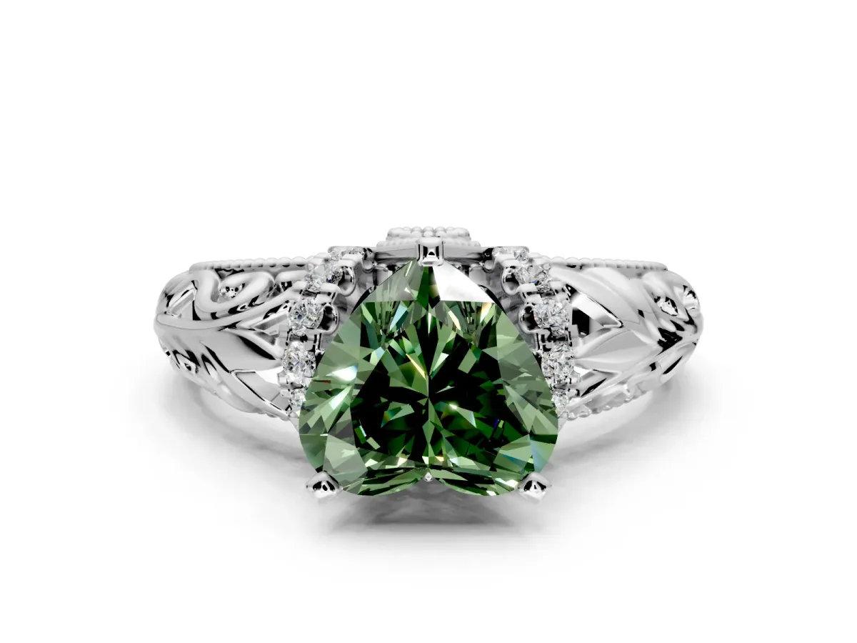 Solitaire Engagement Ring Setting for Fancy Green Heart-Shaped Center with Filigree Accent Basket and Prong Head in White Gold