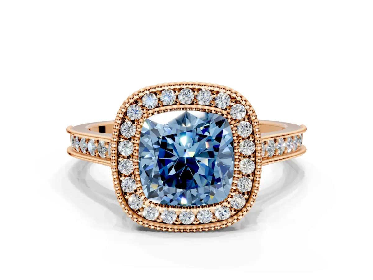 Halo Engagement Ring Setting for Fancy Blue Cushion Cut Center with Milgrain Pave Band and Bezel Head in Rose Gold