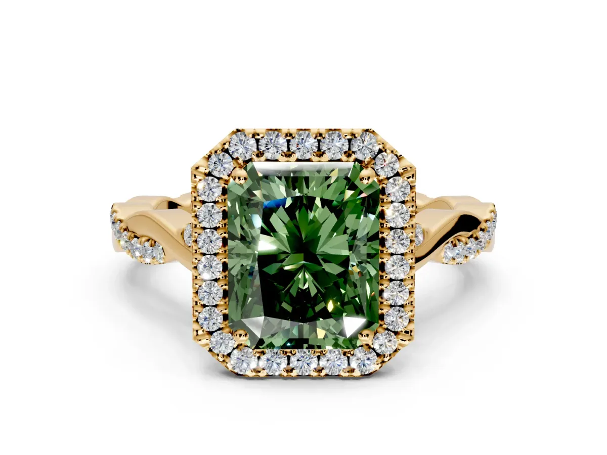 Halo Engagement Ring Setting for Fancy Green Radiant Cut Center with Twist Band and Prong Head in Yellow Gold