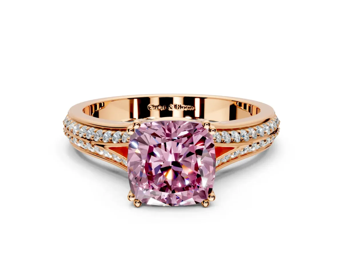 Solitaire Engagement Ring Setting for Fancy Pink Cushion Cut Center with Pave Rail Split Shank and Prong Head in Rose Gold