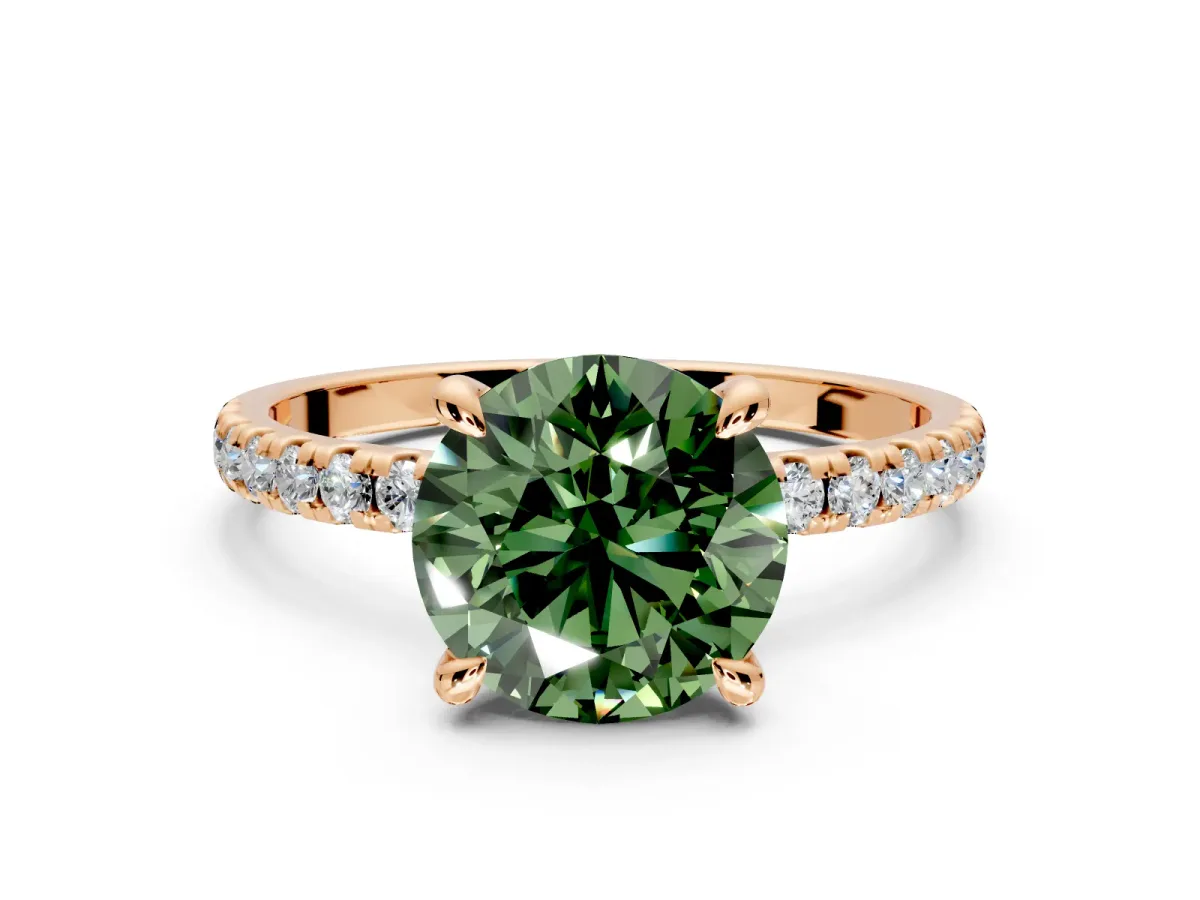 Solitaire Engagement Ring Setting for Fancy Green Round Cut Center with Fine Pave Narrow Band and Prong Head in Rose Gold
