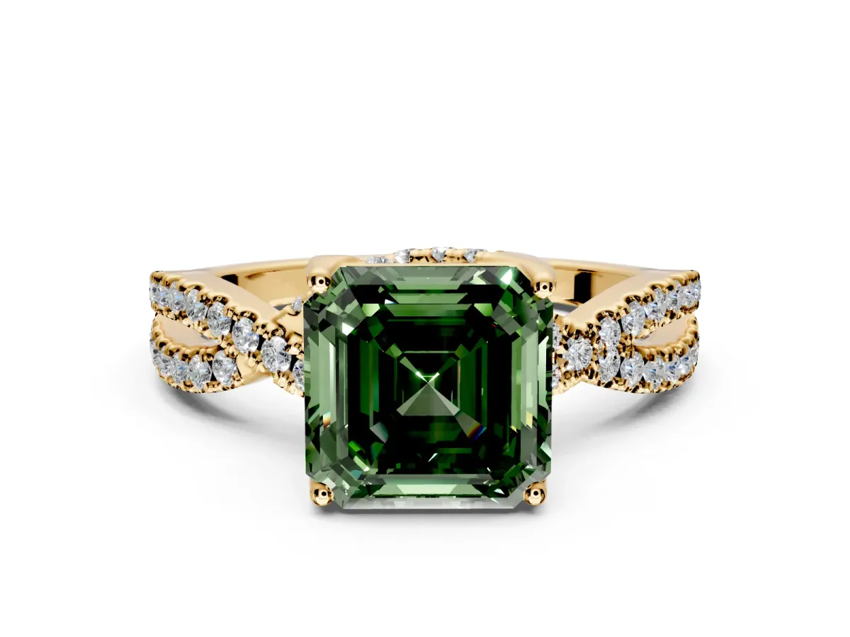 Solitaire Engagement Ring Setting for Fancy Green Asscher Cut Center with Narrow Twist Pave Band and Prong Head in Yellow Gold