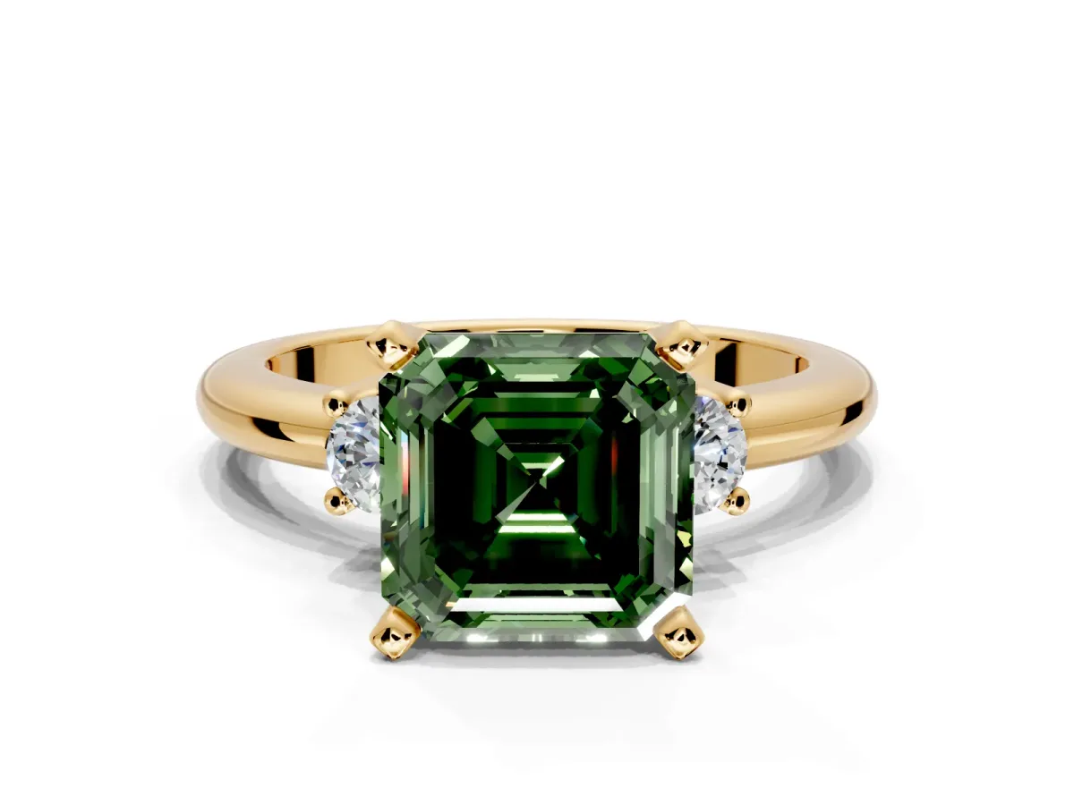 3 Stone Engagement Ring Setting for Fancy Green Asscher Cut Center with Wide Plain Band and Prong Head in Yellow Gold
