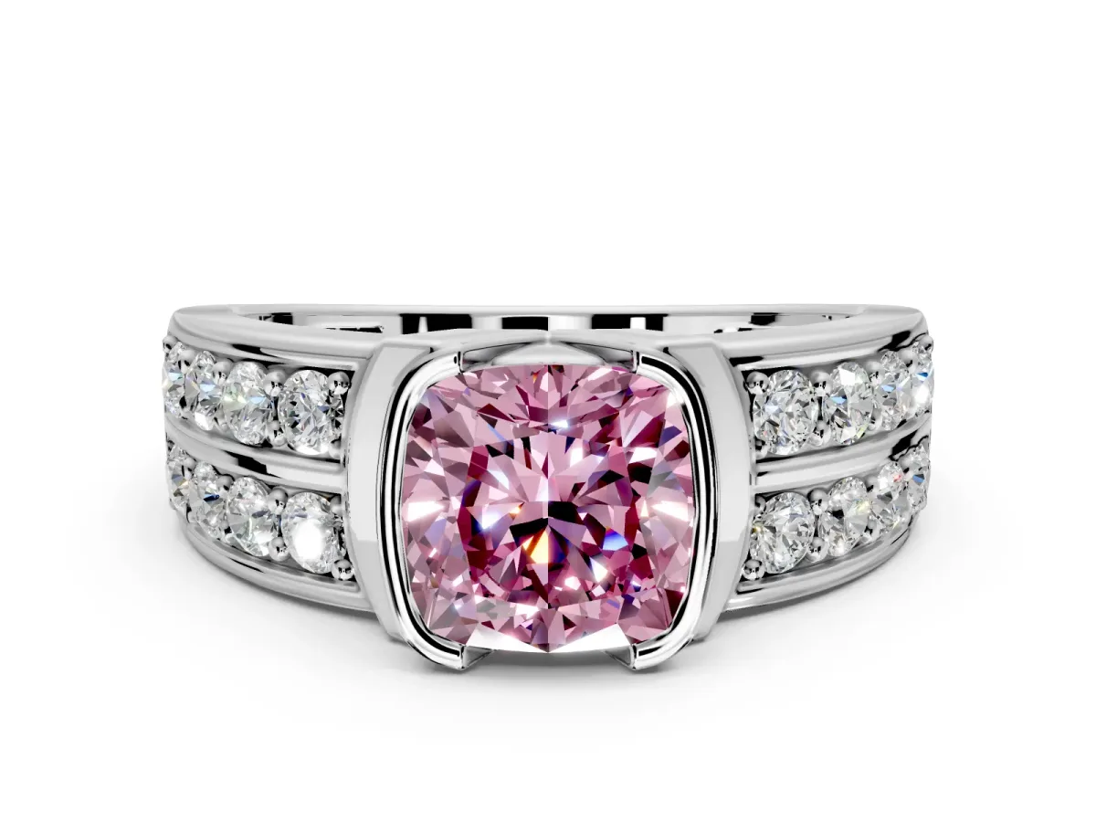 Bezel Engagement Ring Setting for Fancy Pink Cushion Cut Center with Wide Channel-Set Band and Bezel Head in Platinum