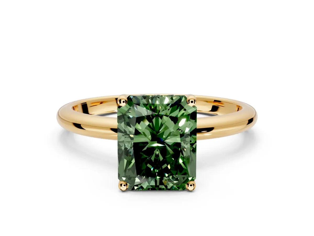 Hidden Halo Engagement Ring Setting for Fancy Green Radiant Cut Center with Thin Round-Wire Band and Prong Head in Yellow Gold