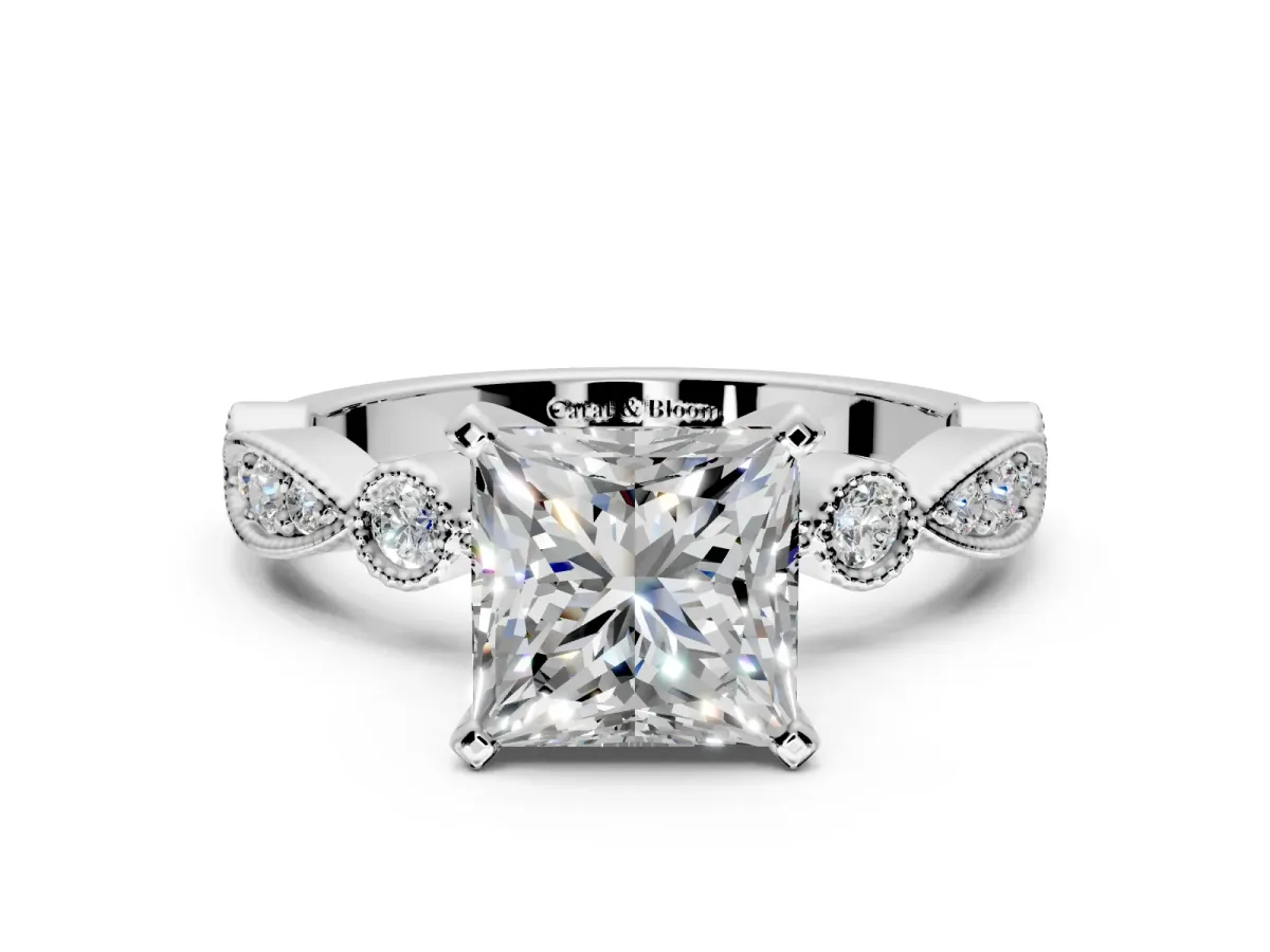 Solitaire Engagement Ring Setting for Princess Cut Center with Milgrain Bezel Accents and Prong Head in Sterling Silver