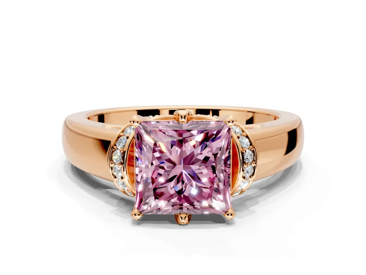 Solitaire Engagement Ring Setting for Fancy Pink Princess Cut Center with Wide Band, Pave Collar and Prong Head in Rose Gold
