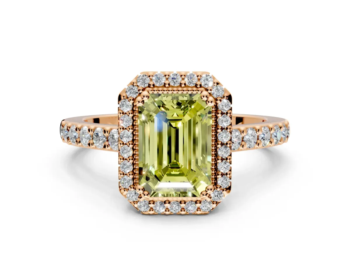 Halo Engagement Ring Setting for Fancy Yellow Emerald Cut Center with Inner Milgrain Border and Prong Head in Rose Gold