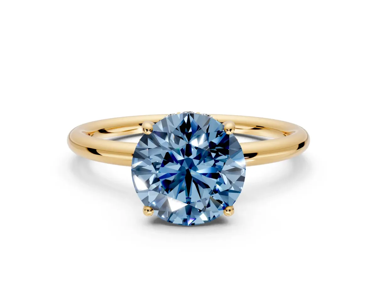 Solitaire Engagement Ring Setting for Fancy Blue Round Cut Center with Plain Band, Open Basket and Prong Head in Yellow Gold