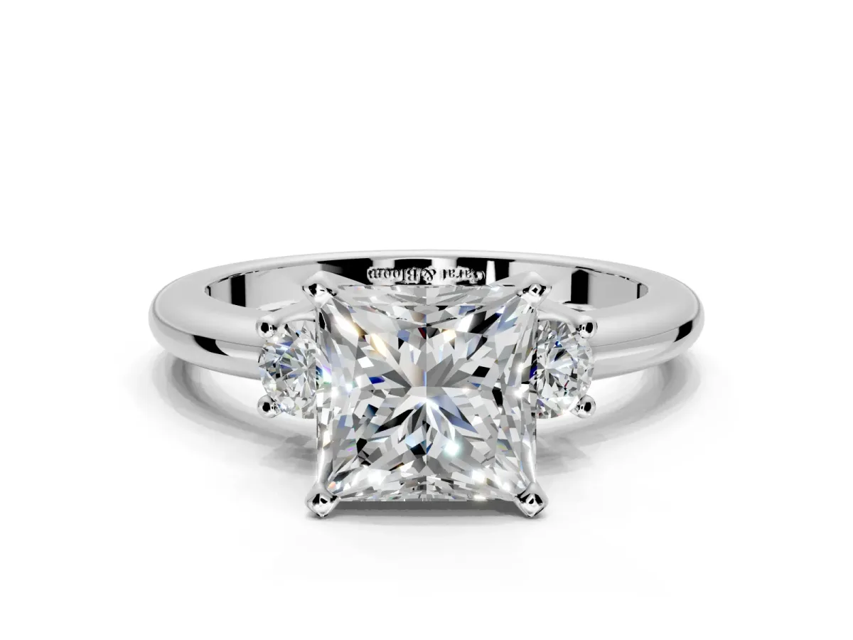 3 Stone Engagement Ring Setting for Princess Cut Center with Wide Plain Band and Prong Head in Sterling Silver