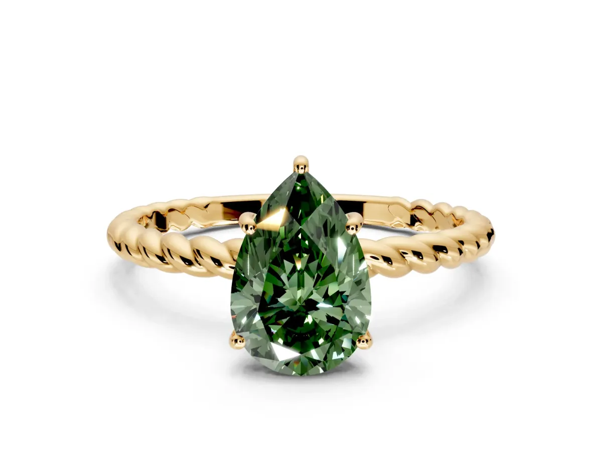 Solitaire Engagement Ring Setting for Fancy Green Pear-Shaped Center with Plain Twisted Rope Band and Prong Head in Yellow Gold