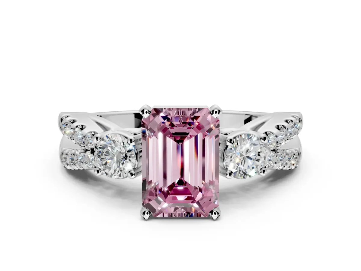 3 Stone Engagement Ring Setting for Fancy Pink Emerald Cut Center with Pave Split Shank and Prong Head in Platinum