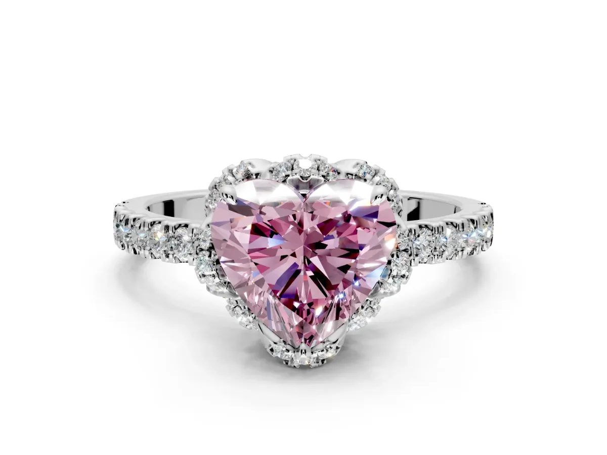Halo Engagement Ring Setting for Fancy Pink Heart-Shaped Center with Openwork Halo, Pave Band and Prong Head in Sterling Silver