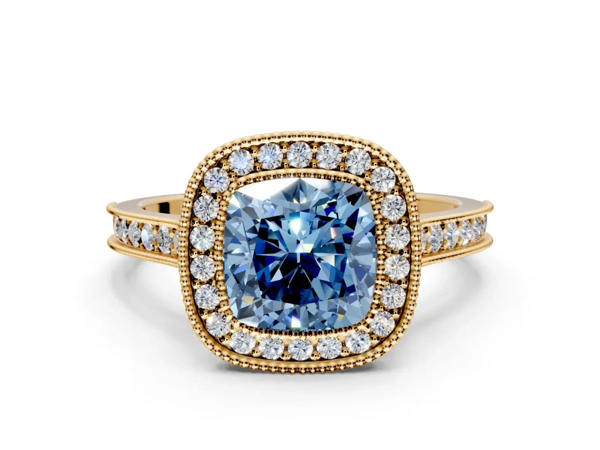 Halo Engagement Ring Setting for Fancy Blue Cushion Cut Center with Milgrain Pave Band and Bezel Head in Yellow Gold