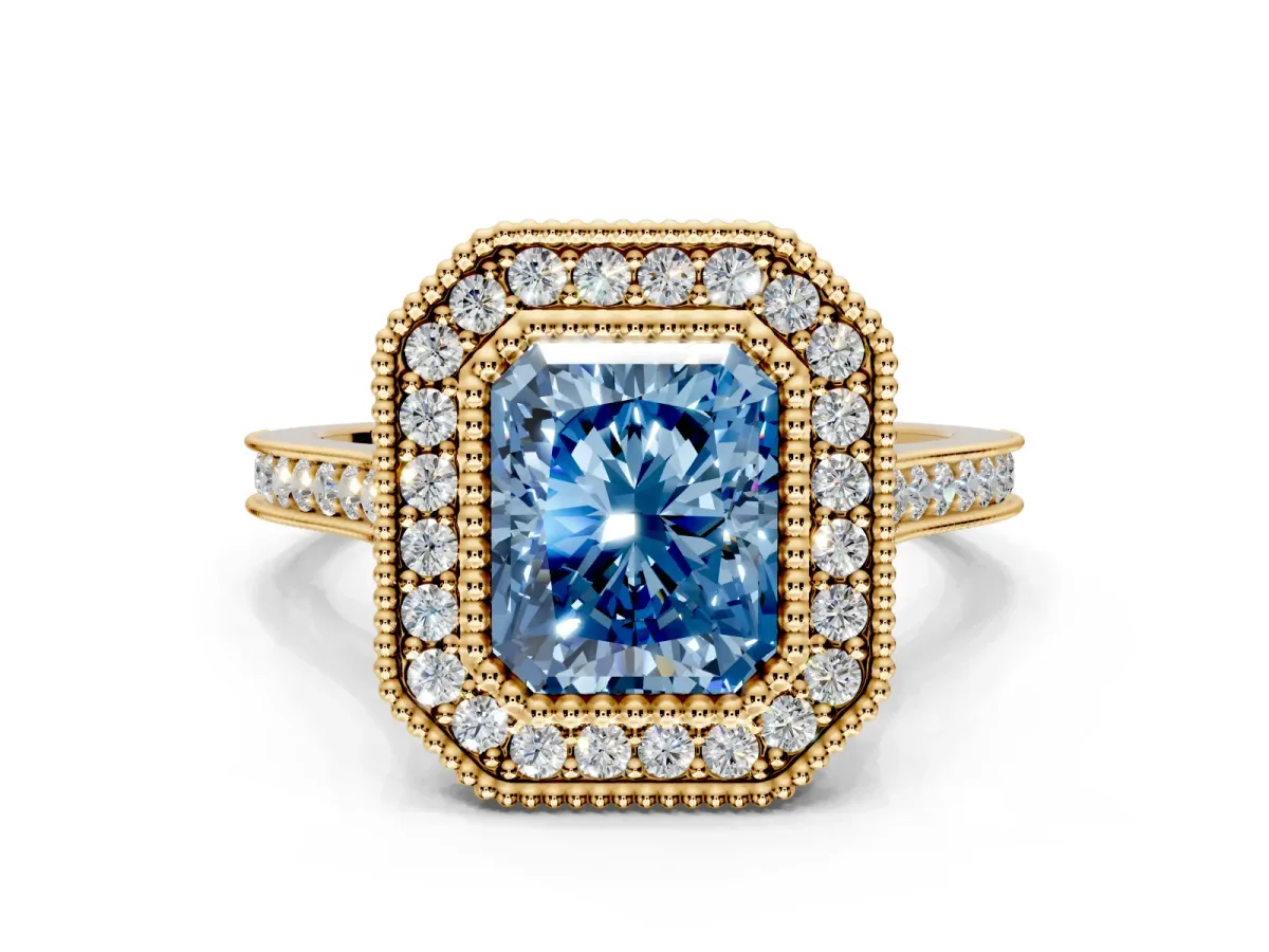 Halo Engagement Ring Setting for Fancy Blue Radiant Cut Center with Milgrain Frame, Pave Band and Prong Head in Yellow Gold