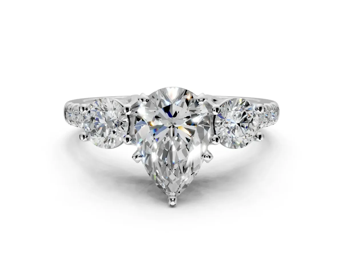 3 Stone Engagement Ring Setting for Pear-Shaped Center with Crossover Basket, Pave Band and Prong Head in Platinum